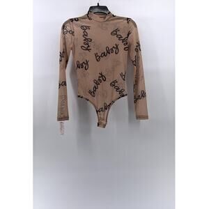 UNBRANDED Women's Tan-Black "Baby" Logo Mesh Mock-Neck Long Sleeve Bodysuit SZ S
